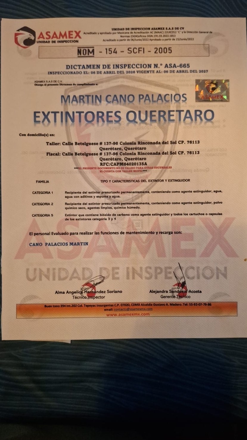 Dictamen de inspección ASA 665 Extintores Querétaro